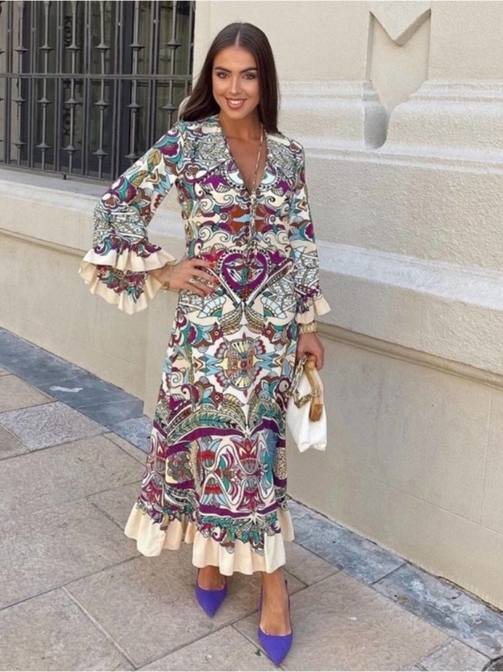 Zara Multicolor Paisley-Print Maxi Dress with Bell Sleeves and Ruffle Trim